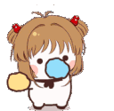 A cute chibi character with brown hair waving yellow and blue pom-poms in a celebratory cheer.
