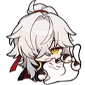Jing Yuan with white hair and yellow eyes smugly patting a goofy white creature.