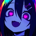 Anime girl with glowing pink heart eyes and a wide, sharp-toothed grin.