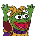 Pepe the Frog wearing dragon armor with his hands raised in a celebratory gesture.