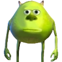Mike Wazowski with a serious, deadpan expression on his face.