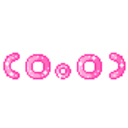 A pair of glowing pink eyes and a small circular mouth forming a surprised expression against a black background.