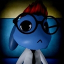 Blue character with red hair and glasses looking unimpressed.