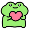 A cute green frog holding a pink heart with a happy expression.