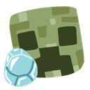 A green pixelated Minecraft Creeper face next to a light blue diamond.