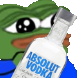Pepe the Frog holding a bottle of Absolut Vodka with a resigned expression.