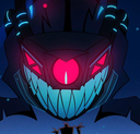 Monster with a glowing pink eye and a wide, sharp-toothed grin against a dark blue background.