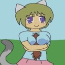 Cat girl with short hair and cat ears wearing a blue shirt and pink skirt looking smug.