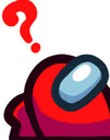 Red Among Us crewmate looking confused with a large red question mark floating above its head.