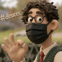Claymation character with curly hair and glasses wearing a black mask and making an okay hand gesture with the text #deuces.