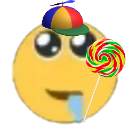 A yellow smiley face wearing a colorful cap and drooling while holding a swirled lollipop.