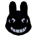 Rabbit face with a wide, toothy, and mischievous grin against a dark background.