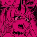 Anime demon girl with pink skin and horns making a suggestive facial expression.