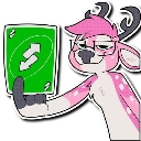 A pink deer character with glasses holding up a green Uno reverse card with a smug expression.