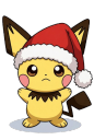 Pichu with a grumpy expression wearing a red and white Santa hat.