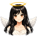 An anime girl with long black hair, white wings, and a golden halo smiling softly.