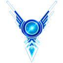 Glowing blue emblem with wings and a central orb radiating light.