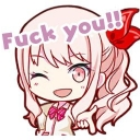 Anime girl winking and smiling while giving a rude gesture.