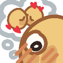 A cute character with a blushing face and hearts floating above, looking deep in thought.