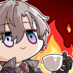 Chibi character with a calm expression holding a teacup in front of a raging fire.