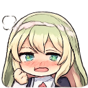 Anime girl with blonde hair and green eyes looking flustered and blushing.