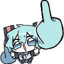 Hatsune Miku with a smug expression holding up a large middle finger.