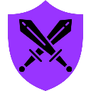A purple shield icon featuring two crossed black swords in the center.
