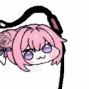 A cute pink-haired anime girl with rose buns performing a rhythmic fighting motion with her hands.