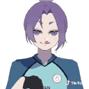 Anime character with purple hair pointing at their lip with a mischievous expression.