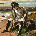 Napoleon Bonaparte sitting dejectedly on a rock by the sea.