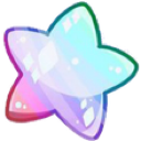 A stylized, five-pointed star with iridescent, rainbow-colored surfaces and sparkling highlights.