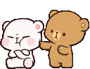 A brown bear repeatedly poking and bothering a grumpy white bear who has its arms crossed.