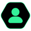User icon silhouette glowing in neon green inside a hexagonal frame.