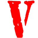 A bold red Vlone logo letter V on a black background.