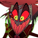 Alastor from Hazbin Hotel with glowing yellow eyes and a wide, sharp-toothed red grin.