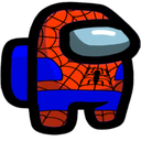 A red and blue Spider-Man themed Among Us crewmate character.