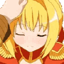 Anime girl with blonde hair receiving a gentle pat on the head from a hand.