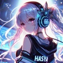 Anime girl with long hair wearing glowing blue headphones and looking over her shoulder.