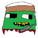 A crudely drawn green zombie face with a brown top, black eyes, and yellow teeth, looking slightly deranged.
