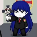 Bongbong with blue hair and a suit points a skull-topped weapon forward with a stern expression.