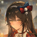 Anime girl with brown hair and a large bow looking forward with a soft, blushing expression.