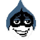 Lancer from Deltarune with a wide, mischievous, toothy grin and dark eyes.