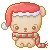 A cute pixelated bear wearing a red Santa hat and a green and red striped scarf.