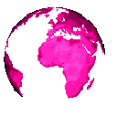 Four pixelated globes in varying shades of bright pink showing different continents.