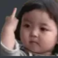 A young child looking directly at the camera with a deadpan expression while holding up their middle finger.