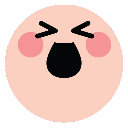 A round, peach-colored face with eyes squeezed shut and a wide open mouth expressing intense happiness.