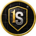 Shield emblem with a gold and silver 1S logo on a dark background.