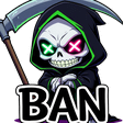 Grim Reaper character with glowing neon eyes holding a scythe above the word BAN.