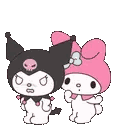 Kuromi and My Melody standing together with expressive faces in a cute anime style.