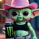 Baby Yoda wearing a pink sparkly cowboy hat and holding a black Monster energy drink can.